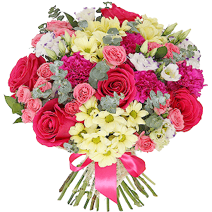 Pink rose 50 cm - 7, Bright pink spray rose mix, 50 cm - 7, Carnation red - 5, Purple Lisianthus (Eustoma) - 6, Bacardi Yellow Spray Chrysanthemum - 4, Sisal, Ribbon, Eucalyptus baby blue (1 pc.)