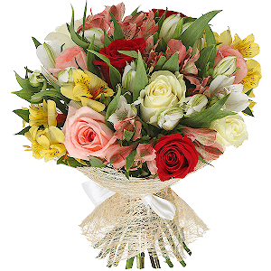 Red rose 50 cm - 4, White rose 50 cm - 4, Pink rose 50 cm - 4, Alstromeria white, soft pink - 9, Alstromeria Yellow, Orange - 3, Sisal, Ribbon