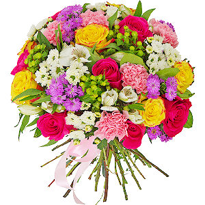 Pink rose 50 cm - 12, Yellow rose 50 cm - 10, Lilac aster - 4, Pink carnation - 7, Santini White Spray Chrysanthemum - 9, Alstromeria white, soft pink - 8, Hypericum, Salal, Ribbon