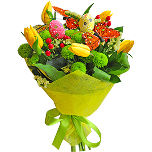 Yellow tulip - 9, Athos pom Feeling Green - 5, Hypericum, Yellow Statice, Butterfly (decor.), 1 pc., Ruscus, Decorative element small, Felt, Ribbon