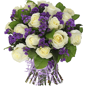 White rose 50 cm - 21, Blue Statice, Salal, Mesh (Abaka), Ribbon
