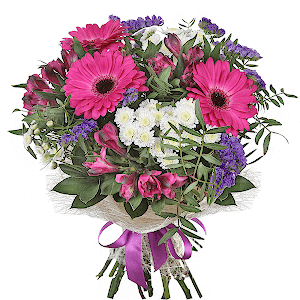 Purple gerbera - 5, Alstromeria lilac, purple - 5, Athos poms Stallion - 4, Blue Statice, Ruscus, Pistachio, Sisal, Ribbon