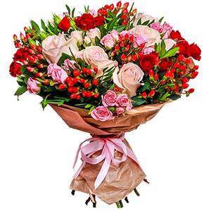 White rose 50 cm - 7, Bright pink spray rose mix, 50 cm - 17, Hypericum, Pistachio, Wrapping Paper