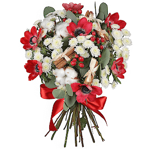 Red anemone - 11, Athos poms Stallion - 10, Hypericum, Eucalyptus populus (1 pc.), Cotton bud, Cinnamon decorative packaging, Ribbon