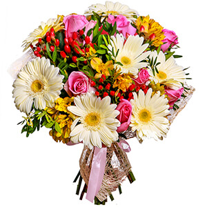 Pink rose 50 cm - 9, Gerbera white - 9, Alstromeria Yellow, Orange - 7, Hypericum, Sisal, Ribbon