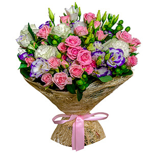 White rose 50 cm - 7, Bright pink spray rose mix, 50 cm - 8, Purple Lisianthus (Eustoma) - 7, Hypericum, Sisal, Ribbon