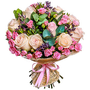 Rose Cream 50 cm - 11, Bright pink spray rose mix, 50 cm - 9, Limonium (1 pc.), Pistachio, Eucalyptus populus (1 pc.), Sisal, Ribbon