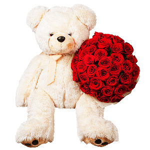 Red rose 50 cm - 57, Teddy bear 90 cm, Felt, Ribbon