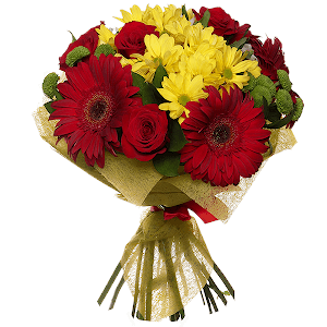Red rose 50 cm - 9, Gerbera red - 7, Bacardi Yellow Spray Chrysanthemum - 5, Athos pom Feeling Green - 4, Felt, Ribbon, Ruscus