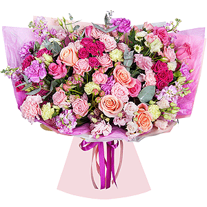 Green carnation - 6, Bright pink spray rose mix, 50 cm - 11, Pink rose 50 cm - 7, Rose Cream 50 cm - 6, Matthiola Lilac - 5, Pink Lisianthus (Eustoma) - 3, Santini White Spray Chrysanthemum - 4, Lilac carnation - 7, Pink carnation - 7, Eucalyptus Cinerea, Wrapping Paper