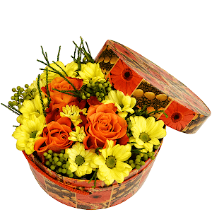 Bacardi Yellow Spray Chrysanthemum - 3, Rose 40 cm - 4, Brunia Green Lanuginosa (1 pc.), Oasis, Circular arrangement box