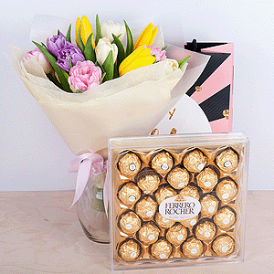 Yellow tulip - 4, Pink tulip - 4, Lilac tulip - 3, Tulip white - 4, Wrapping Paper, Ribbon, Candies 