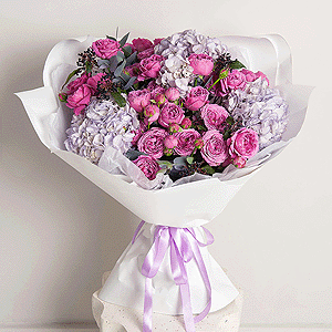 Blue/purple hydrangea - 3, Spray peony rose Misty Bubbles, 50 cm - 13, Viburnum, Eucalyptus Cinerea, Wrapping Paper