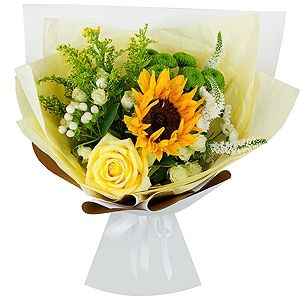 Sunflower - 1, Yellow rose 50 cm - 1, Spray rose: white, cream, light pink 50 cm - 3, Athos poms Green Lizard - 1, Santini White Spray Chrysanthemum - 2, Solidago (1 pc.), Hypericum, Veronica spray, Pistachio, Wrapping Paper