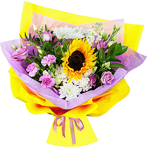 Baltica White Spray Chrysanthemum - 2, Pink Lisianthus (Eustoma) - 3, Pink spray carnation - 2, Sunflower - 1, White Matthiola - 1, Pistachio, Ruscus, Wrapping Paper