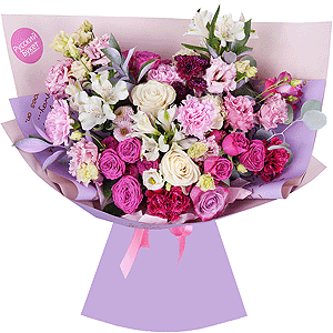 White rose 50 cm - 5, Deep Purple rose - 4, Alstromeria white, soft pink - 4, Pink Lisianthus (Eustoma) - 4, Pink carnation - 8, Daisy poms Santini pink, purple - 2, Bright pink spray rose mix, 50 cm - 4, Ruscus, Eucalyptus populus (1 pc.), Wrapping Paper