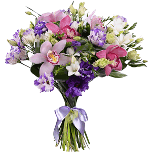 Pink Cymbidium Orchid Bud - 7, Freesia - 18, Purple Lisianthus (Eustoma) - 9, Aspidistra (1 pc.), Flask for orchids, Ribbon