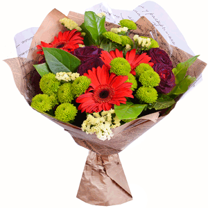 Rose black - 7, Gerbera red - 4, Athos pom Feeling Green - 3, Yellow Statice, Salal, Wrapping Paper, Ribbon