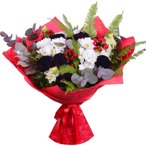 Arrangement of black roses and white chrysantemums with delivery Astrakhan