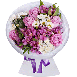 Pink rose 50 cm - 5, Alstromeria lilac, purple - 4, Santini White Spray Chrysanthemum - 3, Athos poms Stallion - 2, Wrapping Paper, Ribbon