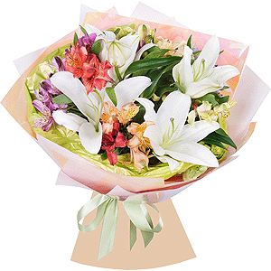 Lilies - 3, Alstromeria white, soft pink - 5, Alstromeria Red, Bright Pink - 2, Alstromeria lilac, purple - 1, Wrapping Paper, Ribbon