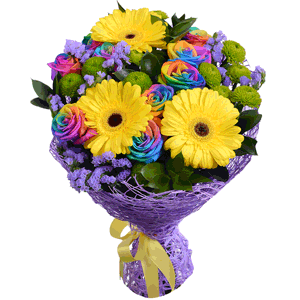 Rainbow rose - 13, Athos pom Feeling Green - 4, Gerbera yellow - 4, Blue Statice, Ruscus, Sisal, Ribbon