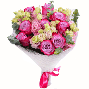 Arrangement of violet roses and eustomas with delivery Astrakhan