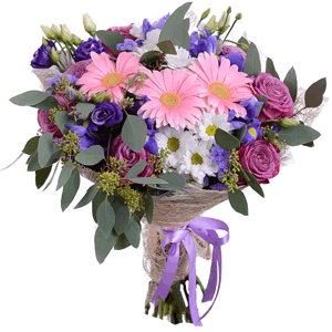Moody Blue Rose - 10, Bacardi White Spray Chrysanthemum - 4, Purple Lisianthus (Eustoma) - 4, Gerbera pink - 4, Irises - 5, Blue Statice, Mesh (Abaka), Ribbon, Eucalyptus populus (1 pc.)