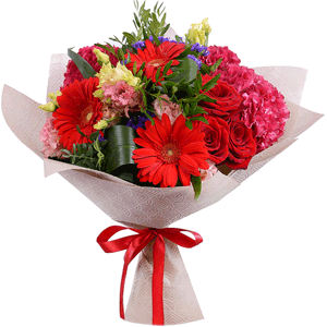 Pink Hydrangea - 3, lisianthus - 5, Gerbera red - 4, Red rose 50 cm - 4, Aspidistra (1 pc.), Blue Statice, Pistachio, Felt, Ribbon