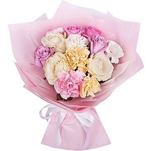 White rose 50 cm - 4, Pink rose 50 cm - 6, Yellow carnation - 3, Carnation white, cream - 3, Pink carnation - 3, Wrapping Paper, Ribbon