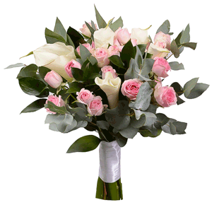 Calla lilies - 9, Bright pink spray rose mix, 50 cm - 11, Ruscus, Eucalyptus Cinerea, Ribbon