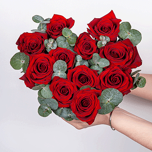 Red rose 50 cm - 19, Heart‑shaped box for arrangements, Oasis, Eucalyptus