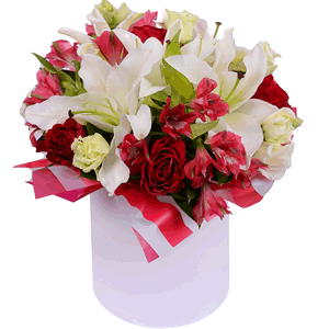Lilies - 3, Rose 40 cm - 6, Alstromeria Red, Bright Pink - 4, lisianthus - 4, Eucalyptus Cinerea, Round flower box small , Oasis, Film, Ruscus