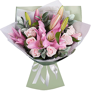 Pink rose 50 cm - 9, Pink lily - 3, Ruscus, Wrapping Paper, Ribbon