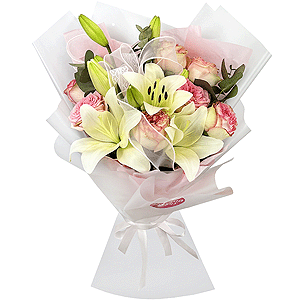 Peony style roses - 9, Lilies - 3, Eucalyptus, Wrapping Paper