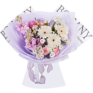 Gerbera white - 3, Pink rose 50 cm - 7, Peony sprayrose - 3, Carnation white, cream - 5, Matthiola Lilac - 2, lisianthus - 4, Hypericum, Pistachio, Wrapping Paper