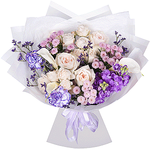 Peony style roses - 5, Calla lilies - 3, Carnation white, cream - 4, Peony sprayrose - 2, Matthiola Lilac - 2, Daisy poms Santini pink, purple - 3, Limonium (1 pc.), Wrapping Paper, Ribbon