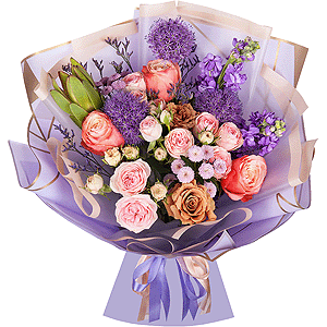 Peony rose Kahala 50 cm - 3, Роза Тоффи - 4, Daisy poms Santini pink, purple - 3, Matthiola Lilac - 2, Peony sprayrose - 3, Limonium (1 pc.), Leukodendron, Allium, Wrapping Paper