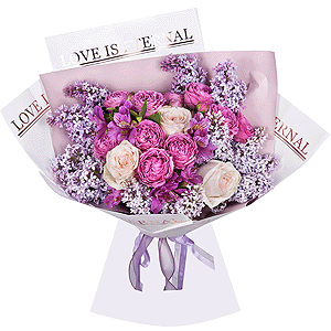 Peony style roses - 7, Alstromeria lilac, purple - 5, Spray peony rose Misty Bubbles, 50 cm - 3, Lilac Bush - 4, Wrapping Paper, Ribbon