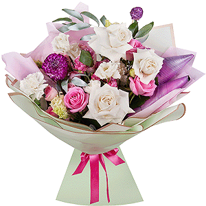 Purple Dahlia - 3, White rose 50 cm - 4, Pink rose 50 cm - 4, Peony sprayrose - 1, Carnation white, cream - 5, lisianthus - 1, Bright pink spray rose mix, 50 cm - 2, Ruscus, Aspidistra (1 pc.), Wrapping Paper