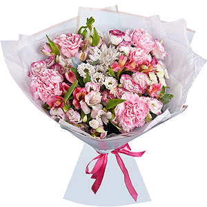 Pink carnation - 6, Alstromeria white, soft pink - 5, Santini White Spray Chrysanthemum - 2, Baltica White Spray Chrysanthemum - 2, Athos poms Stallion - 2, Pink Lisianthus (Eustoma) - 3, Ruscus, Wrapping Paper