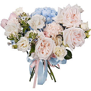 Blue/purple hydrangea - 1, Carnation white, cream - 9, lisianthus - 4, Spray rose: white, cream, light pink 50 cm - 3, White rose 50 cm - 7, Peony style roses - 3, Oksipetalum, Ribbon