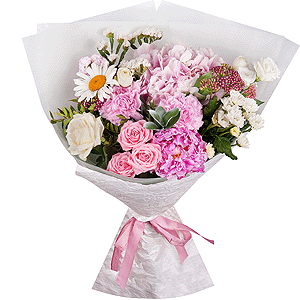 Bright pink spray rose mix, 50 cm - 1, Pink Matthiola - 2, White rose 50 cm - 3, lisianthus - 1, Santini White Spray Chrysanthemum - 2, Pink Hydrangea - 1, Pink carnation - 4, Chamomile - 1, Peony pink - 1, White statice, Ozotamnus, Ruscus, Pistachio, Wrapping Paper