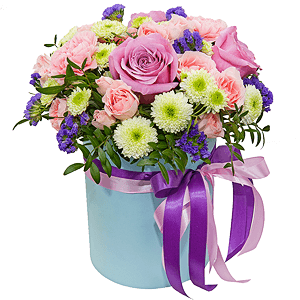 Deep Purple rose - 4, Santini White Spray Chrysanthemum - 4, Pink carnation - 4, Bright pink spray rose mix, 50 cm - 7, Round flower box small , Oasis, Pistachio, Film, Blue Statice, Ribbon