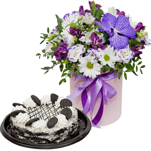 Vanda Orchid bud - 2, Alstromeria lilac, purple - 3, Bacardi White Spray Chrysanthemum - 4, Purple Lisianthus (Eustoma) - 3, Round flower box small , Oasis, Film, Flask for orchids, Aspidistra (1 pc.), Pistachio, Ribbon, Cake in assortment