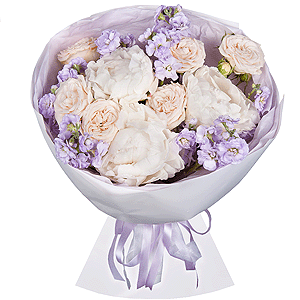 Peony white - 3, Peony sprayrose - 5, Matthiola Lilac - 3, Wrapping Paper