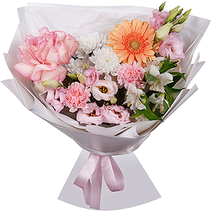 Rose Esperance - 1, Cream gerbera - 1, Baltica White Spray Chrysanthemum - 2, Alstromeria white, soft pink - 2, Pink carnation - 2, Pink Lisianthus (Eustoma) - 1, Wrapping Paper