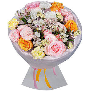 Yellow rose 50 cm - 5, Pink rose 50 cm - 3, Baltica White Spray Chrysanthemum - 1, Peony sprayrose - 3, Alstromeria white, soft pink - 4, Yellow carnation - 2, Yellow Statice, Ozotamnus, Wrapping Paper