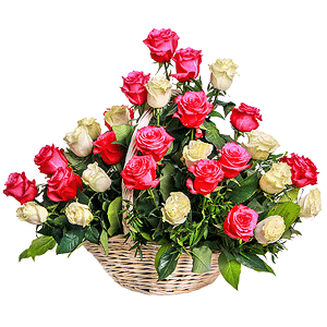 Pink rose 50 cm - 32, White rose 50 cm - 21, Large Basket, Pistachio, Salal, Oasis