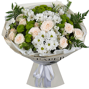 Bacardi White Spray Chrysanthemum - 2, Peony sprayrose - 3, Alstromeria white, soft pink - 5, White spray carnation - 4, Athos pom Feeling Green - 3, Green bell (1 pc.), Fern (1 pc.), Wrapping Paper